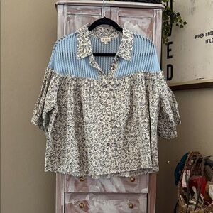 POL Blue and Cream Floral Blouse